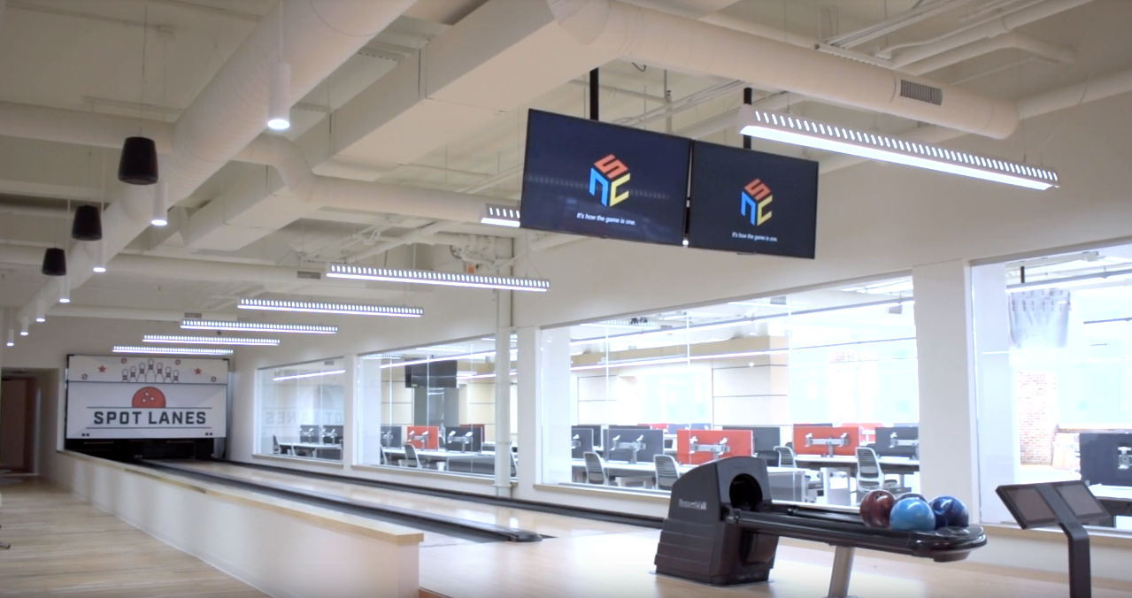 Johnson Melloh project feature story of Spot in Indianapolis. Here is the office bowling alley.